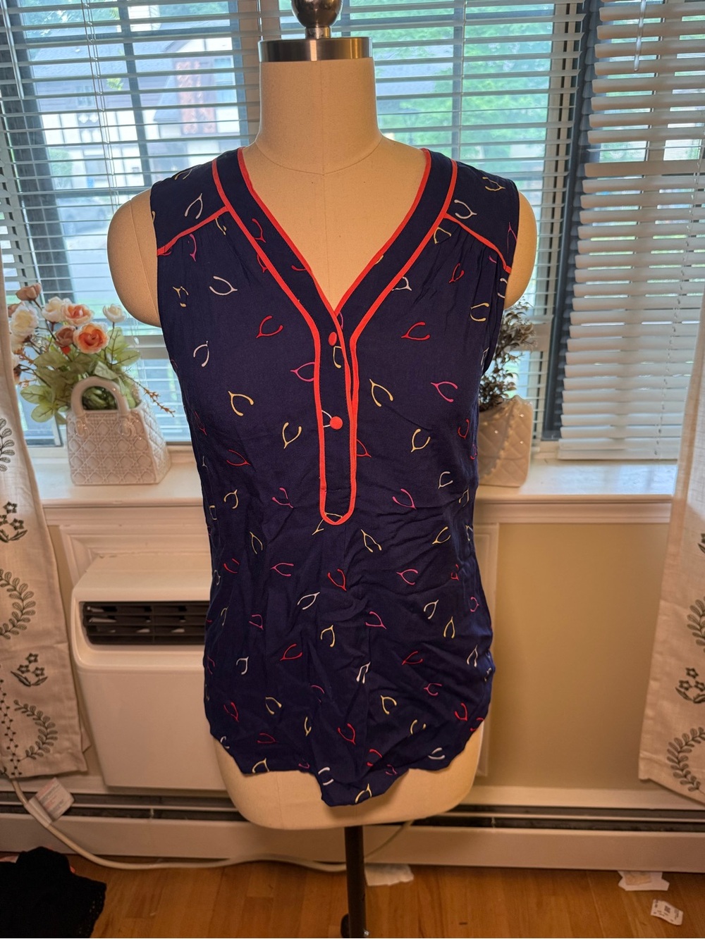 ModCloth Navy Sleeveless Popover Top with Coral Trim